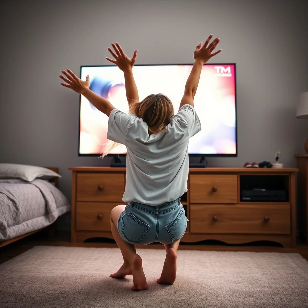 A side view of a young blonde skinny woman is in her bedroom wearing a giant white t-shirt and light blue denim shorts, with no shoes or socks. She crouches down in front of her large-screen bedroom TV, facing the magical TV that she is diving/jumping into head and arms first. Both her arms are stretched out, lunging towards the TV, and they appear blurry due to the speed of her movement. The bottom part of her t-shirt is lifted upwards, almost revealing her chest because of the height of her arms. - Image