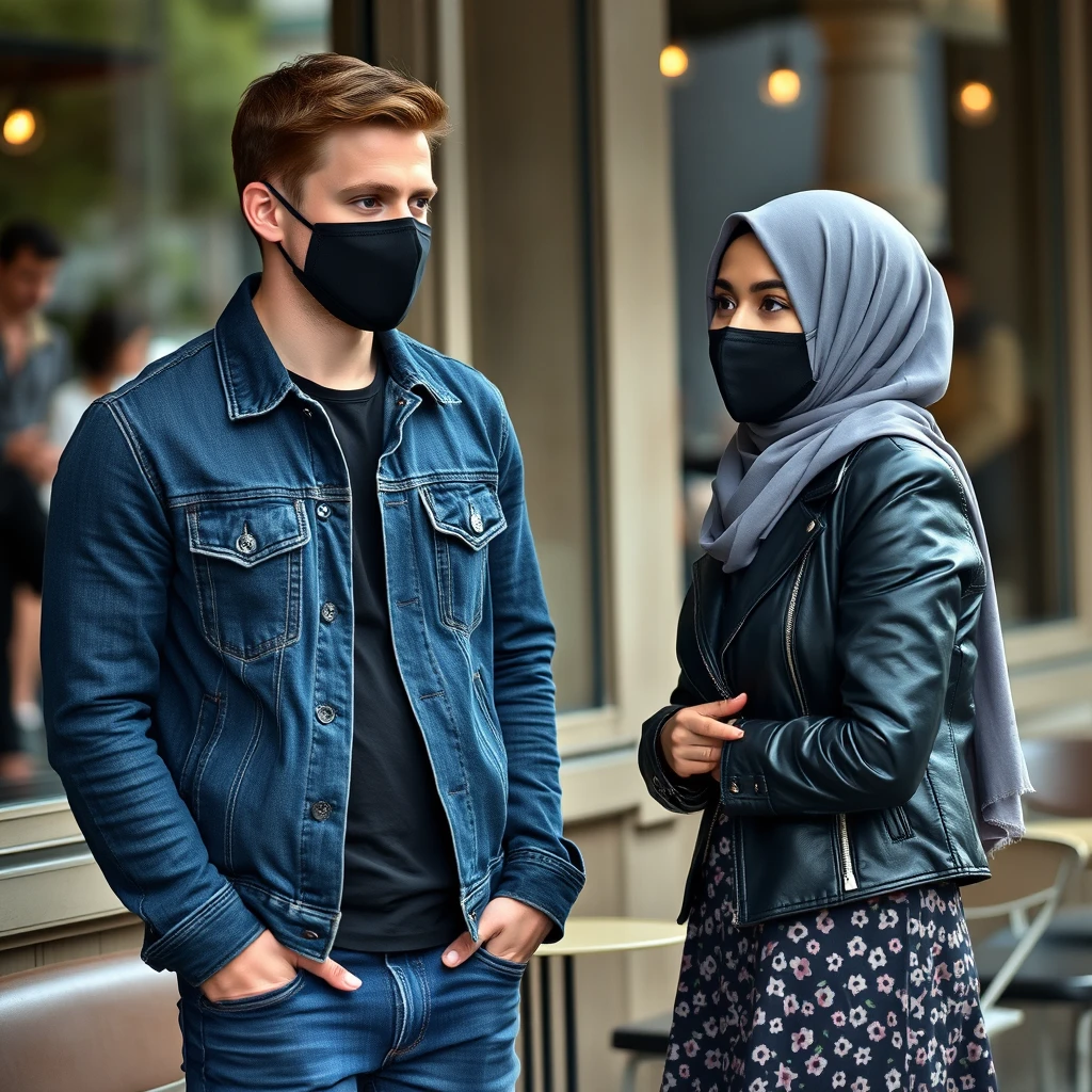 Jamie Dornan's head and body shot, handsome, black face mask, blue jeans jacket, jeans, dating a Muslim girl in a grey hijab, beautiful eyes, black face mask, black leather jacket, biggest patterned skirt, talking at a cafe, photorealistic.