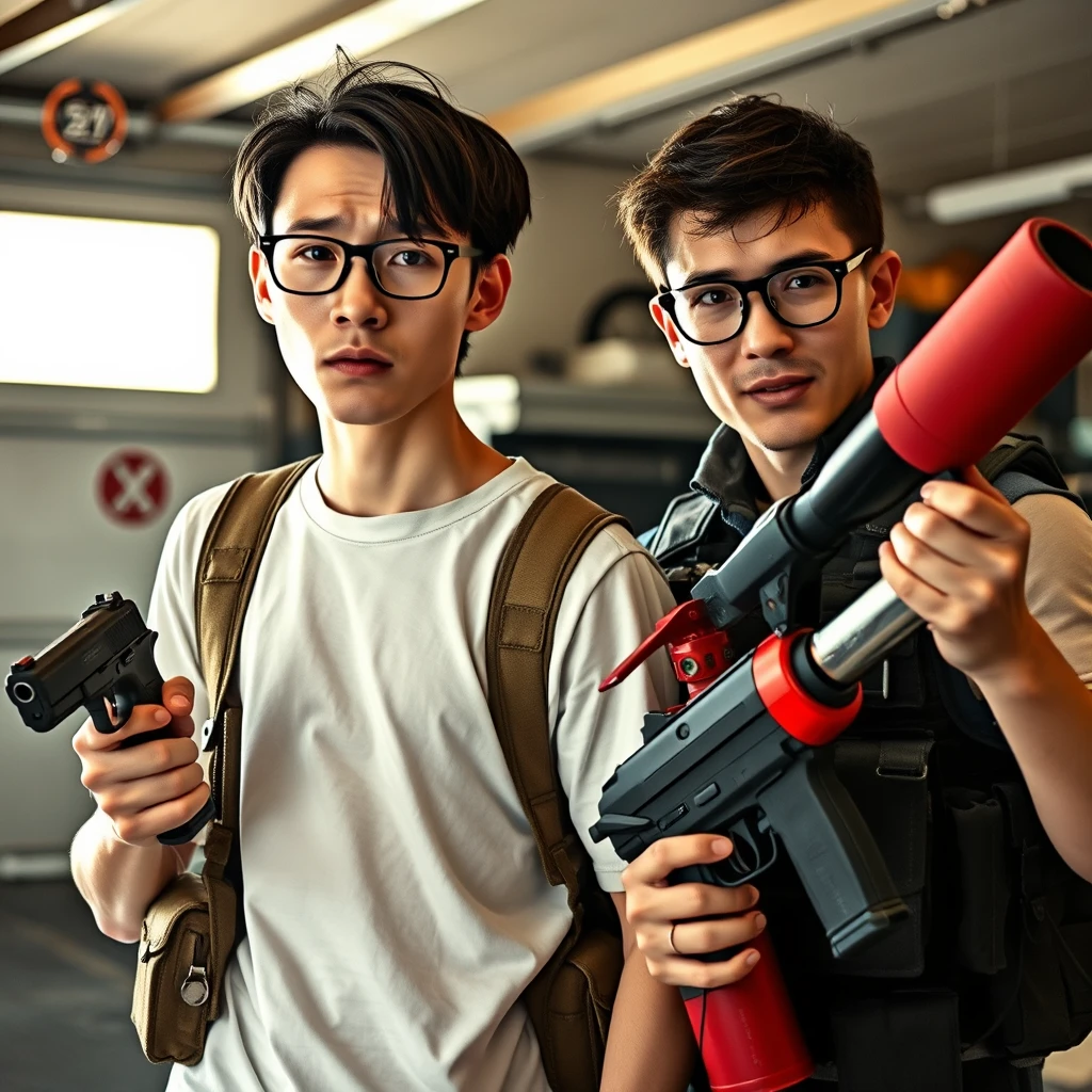 21-year-old thin white young adult man from northern China with a long face and square chin, wearing square glasses and holding a pistol, with medium to long length hair; 21-year-old Caucasian Italian man wearing round glasses and short hair holding a very large fire extinguisher that resembles a flamethrower; garage setting; both appear angry, wearing tactical vests.