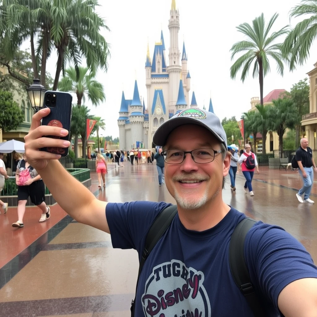 A father taking a selfie in Disney World on a rainy day.