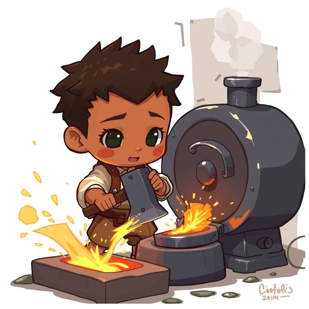 A 2D, chibi-style boy with a slightly brown skin tone is hammering iron next to a boiler, producing sizzling sparks, his whole body like... - Image