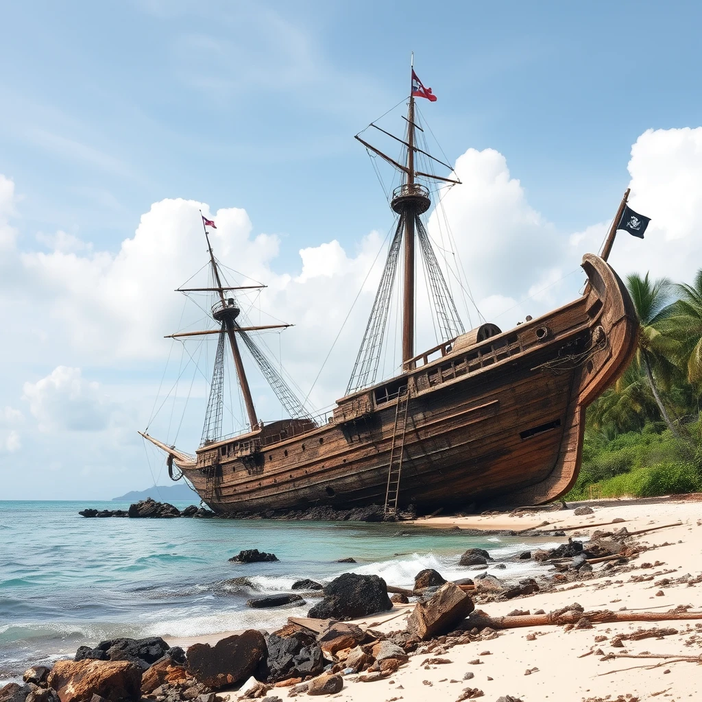 An old wreck of a huge pirate ship on land at the coast in the Caribbean Sea.