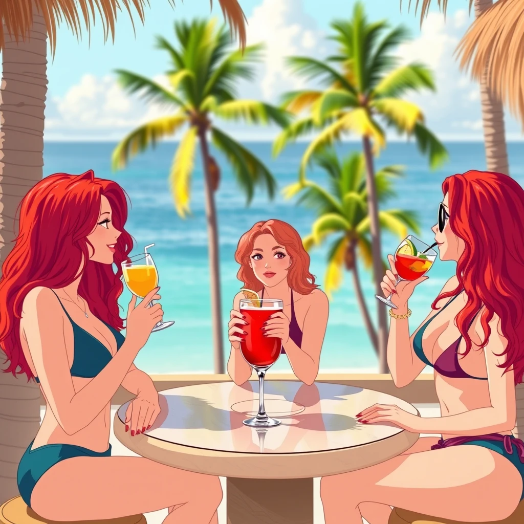 Three red-haired girls in bikinis drinking cocktails at a beach bar with palm trees. - Image