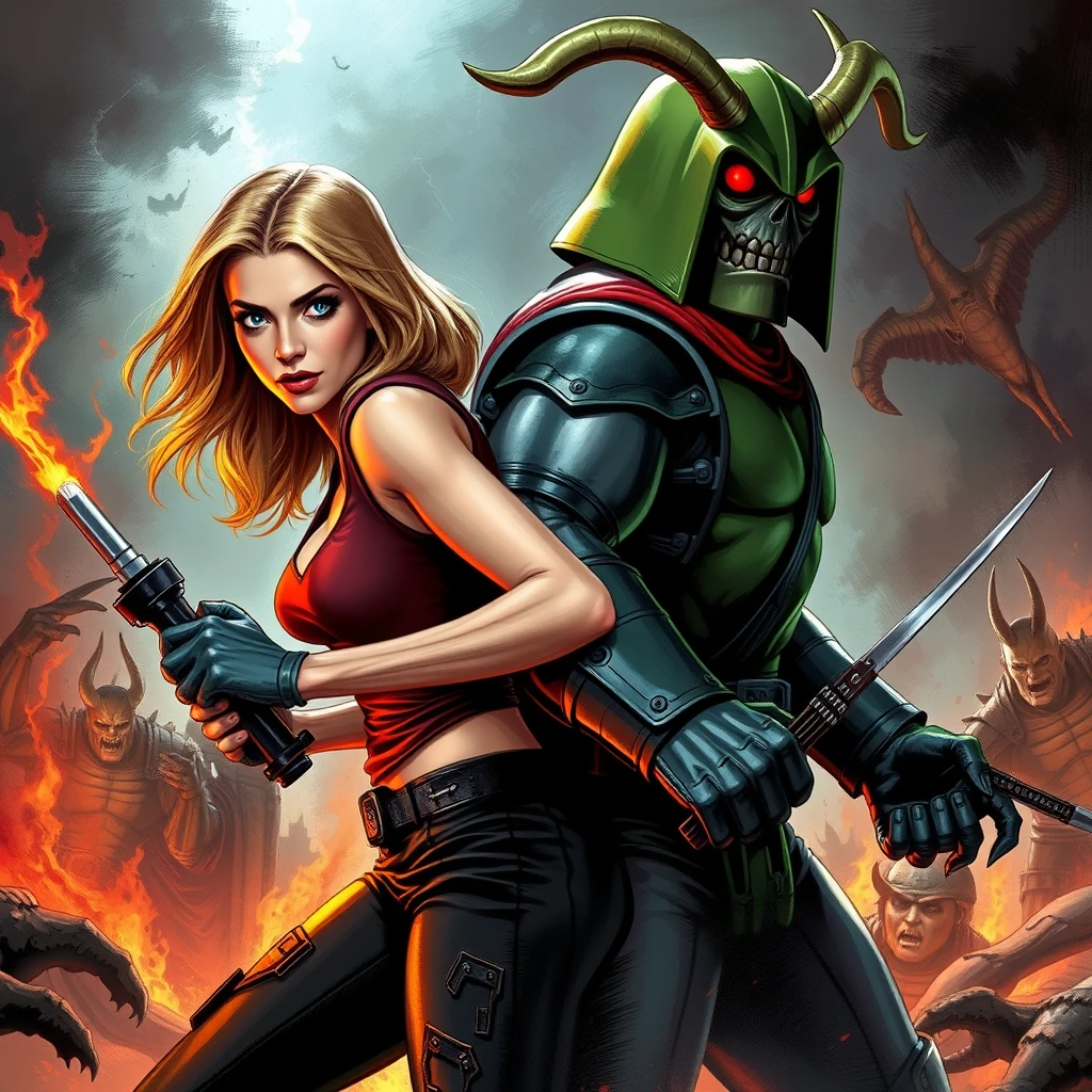 Buffy Summers (from Buffy the Vampire Slayer) and Doomguy (from Doom) back to back fighting demons in Hell.