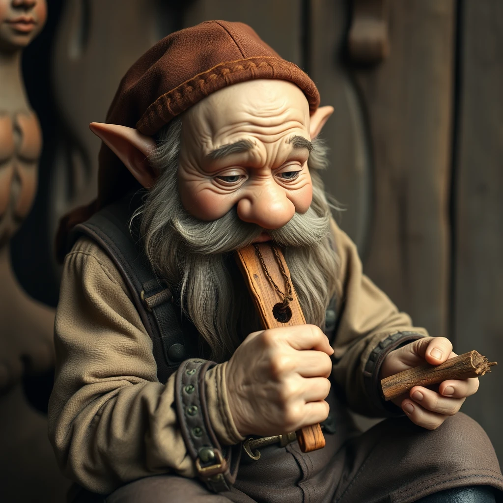 A dwarf with leather overalls sowing leather together and chewing on a piece of wood.