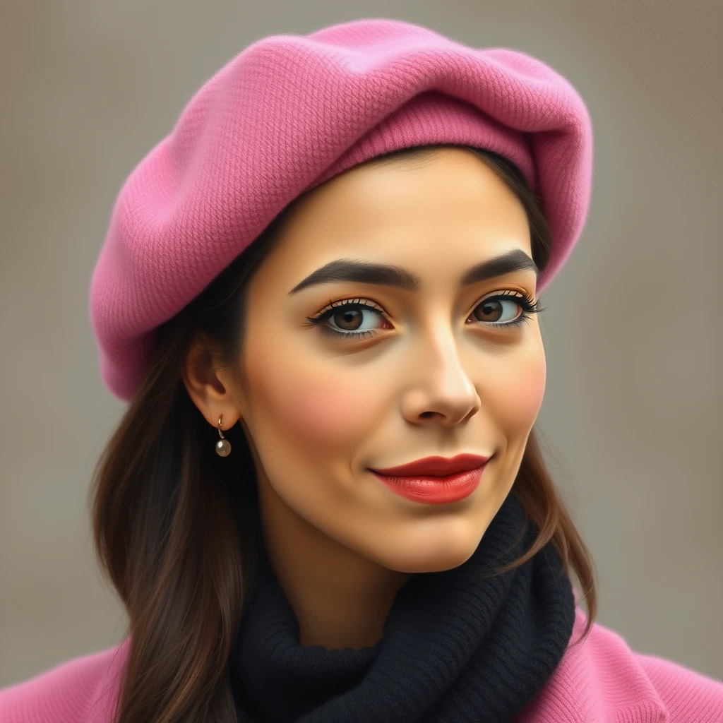 A woman wearing a pink beret. Realistic.