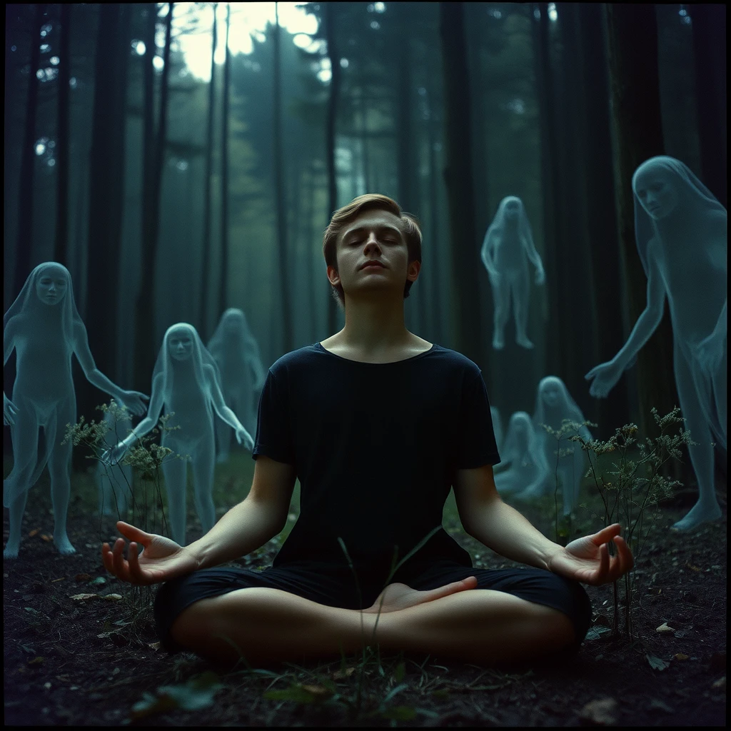 35mm film close-up portrait of a person meditating in a serene forest clearing, surrounded by ghostly apparitions of past struggles, hyper-detailed nature elements, dark and mysterious background.