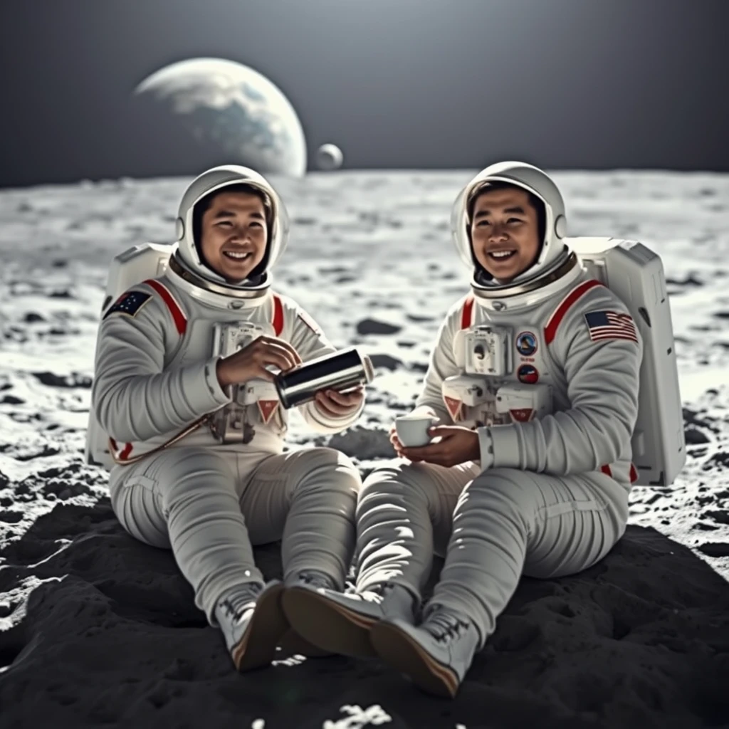 Two Chinese astronauts in full space suits are sitting on the moon’s surface, each holding a tea cup. They are positioned near their lunar module, with the Earth visible in the background. The moon’s gray, cratered landscape is illuminated by the sun. One astronaut is pouring tea from a thermos, while the other is holding a cup. Their expressions are relaxed and joyful, enjoying a moment of tranquility in the vastness of space.