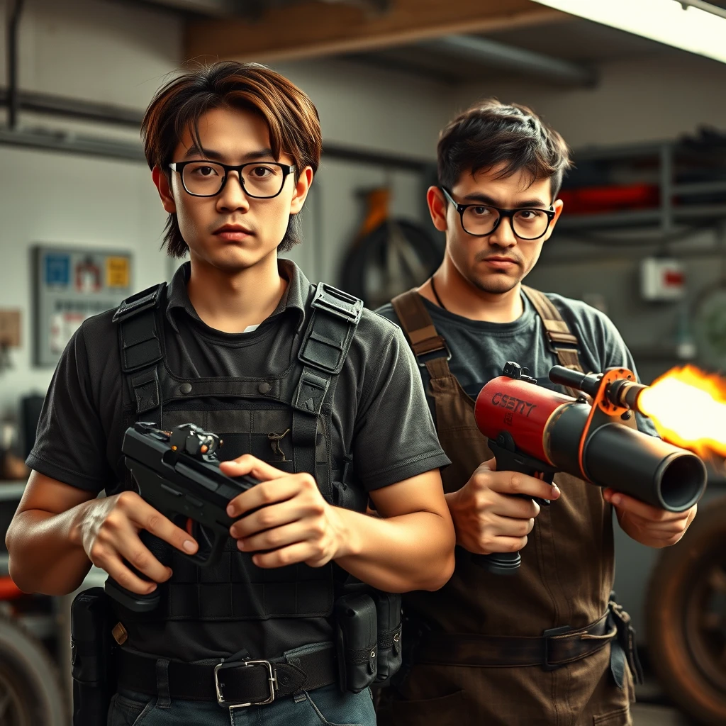 21-year-old white thin long-faced adult northern Chinese man with square chin, wearing square glasses, holding a pistol, "medium/long length hair," tactical chest rig; 21-year-old Caucasian Italian man wearing round glasses and short hair holding a very large fire extinguisher flamethrower, welding apron; garage setting; both angry. - Image