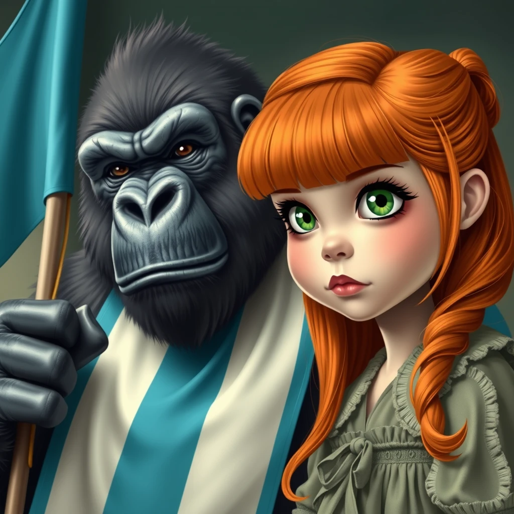 A fierce gorilla holding a three-striped flag in light blue, white, and light blue next to a cute ginger-haired Russian girl with green eyes and bangs in a vintage style.