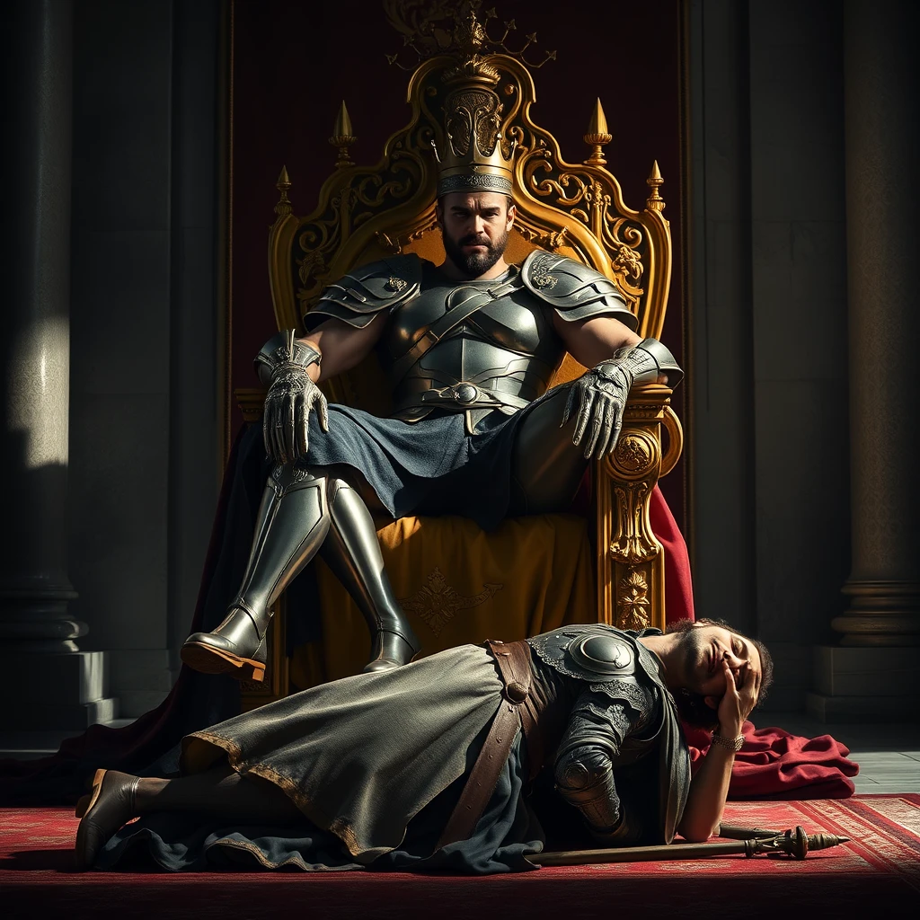 The image depicts a scene of stark contrasts and brutal usurpation. A handsome, powerfully built man, clad in gleaming, expertly crafted armor, sits sprawled upon a golden throne, a picture of arrogance and ill-gotten power. The throne, a symbol of legitimate rule, is now occupied by a usurper, his posture radiating a blatant disregard for tradition and decorum. At his feet, kneeling in abject defeat, is the rightful king, his head bowed low, his regal attire a stark contrast to the triumphant posture of the man who has seized his power. The scene is bathed in the cold, harsh light of the palace, casting long shadows that accentuate the drama and injustice of the moment. This is not a king who earned his throne through lineage or valor, but one who has taken it by force, a fact plainly evident in his smug expression and the defeated figure at his feet.