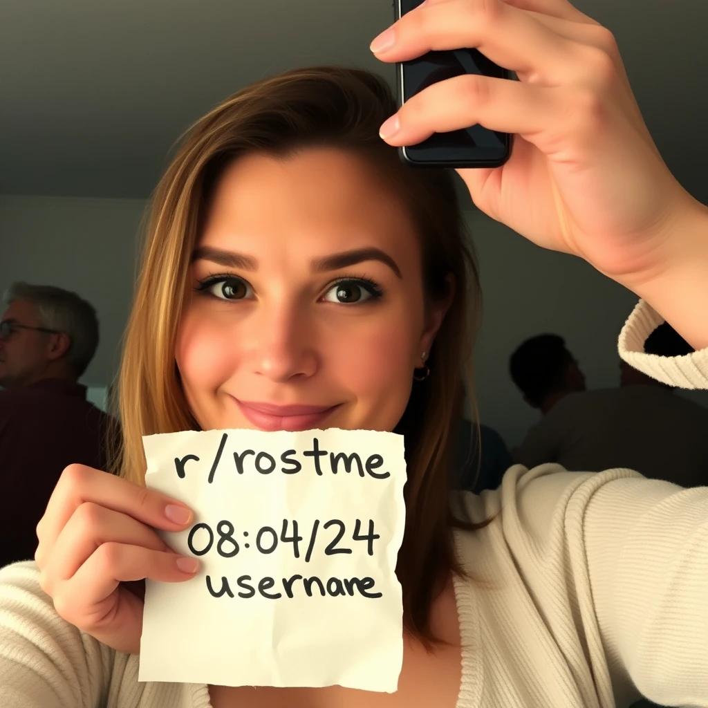 Selfie of a lady holding a handwritten small scrunched paper sign that says “r/roastme” “08/04/24” “username”.