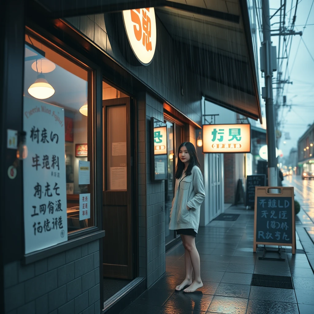 In the evening, a young woman is outside a restaurant, and it's raining. She is not wearing shoes, and there is a sign outside the restaurant with clear writing, which includes Chinese characters or Japanese. - Image