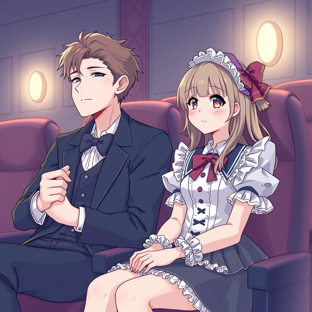 Anime pure lineart, beautiful girl dressed in a Lolita costume and handsome tall boyfriend, sitting in a cinema, hands shaken.