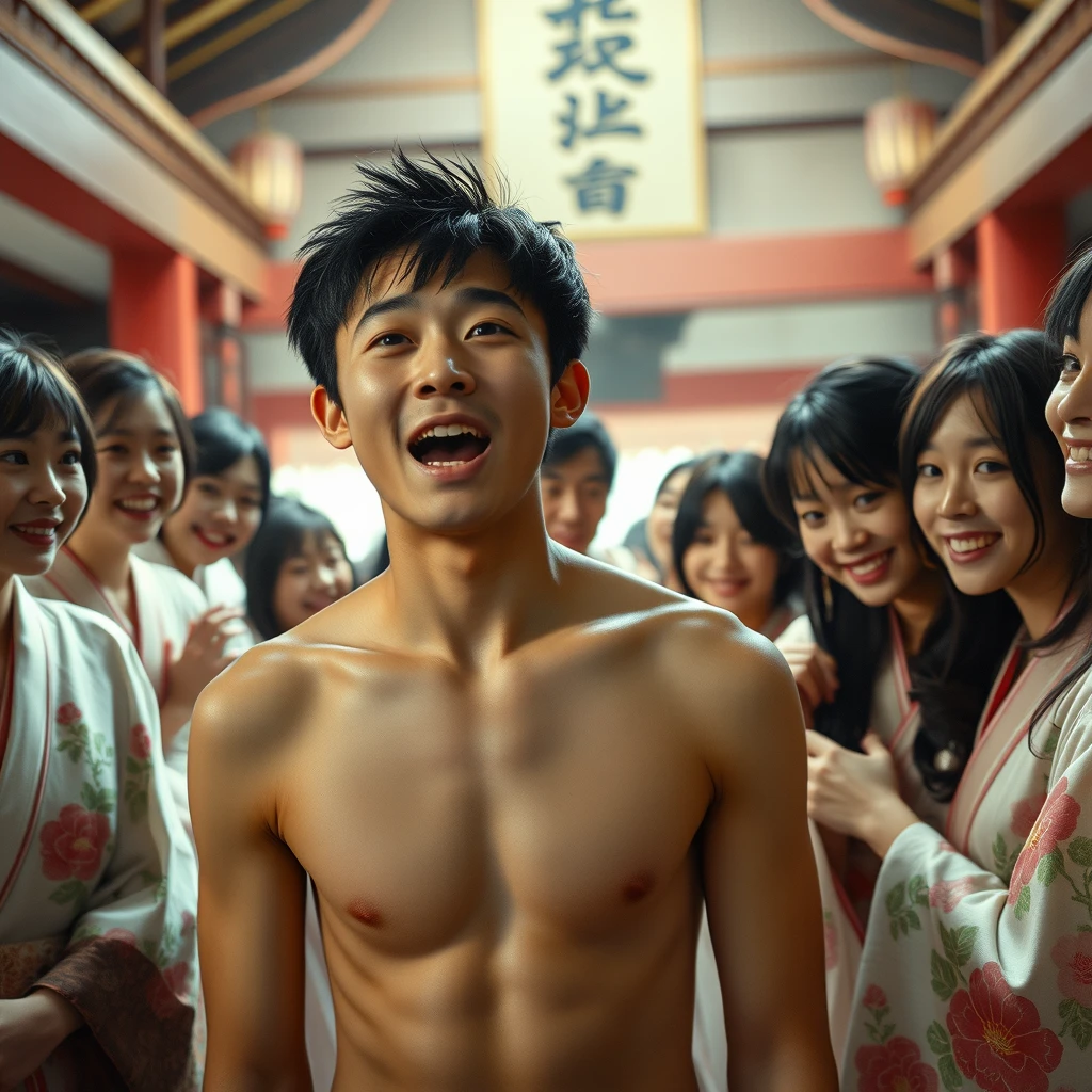 A nude Asian young man in a Japanese shrine, indoors, surprised, screaming, streaming tears, reality, looking at the viewer, with many beautiful oirans wearing oiran clothes who are smiling and hugging him suddenly.