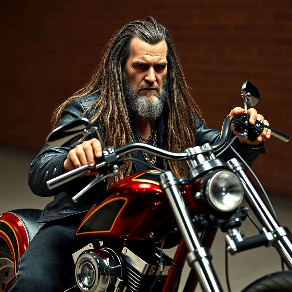 Herman Munster with long hair on his Harley chopper, photo-realistic, 4k.