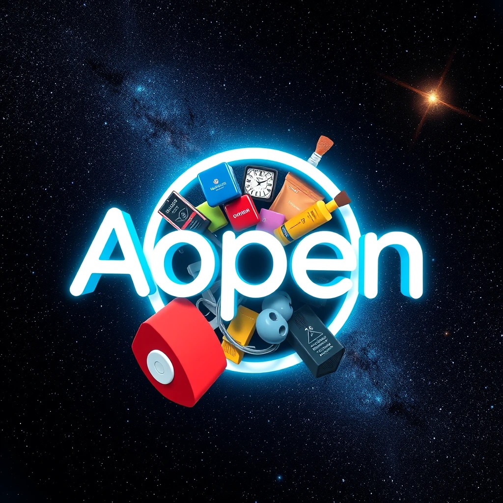 Show me the Aopen logo in the universe with different audio-visual products being sucked into the Aopen logo.