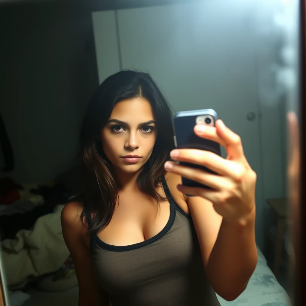 Phone photo: An attractive woman stands in front of a mirror, capturing a selfie. The image quality is grainy, with a slight blur softening the details. The lighting is dim, casting shadows that obscure her features. The room is cluttered, with clothes strewn across the bed and an unmade blanket. Her expression is casual, full of concentration, while the old iPhone struggles to focus, giving the photo an authentic, unpolished feel. The mirror shows smudges and fingerprints, adding to the raw, everyday atmosphere of the scene.