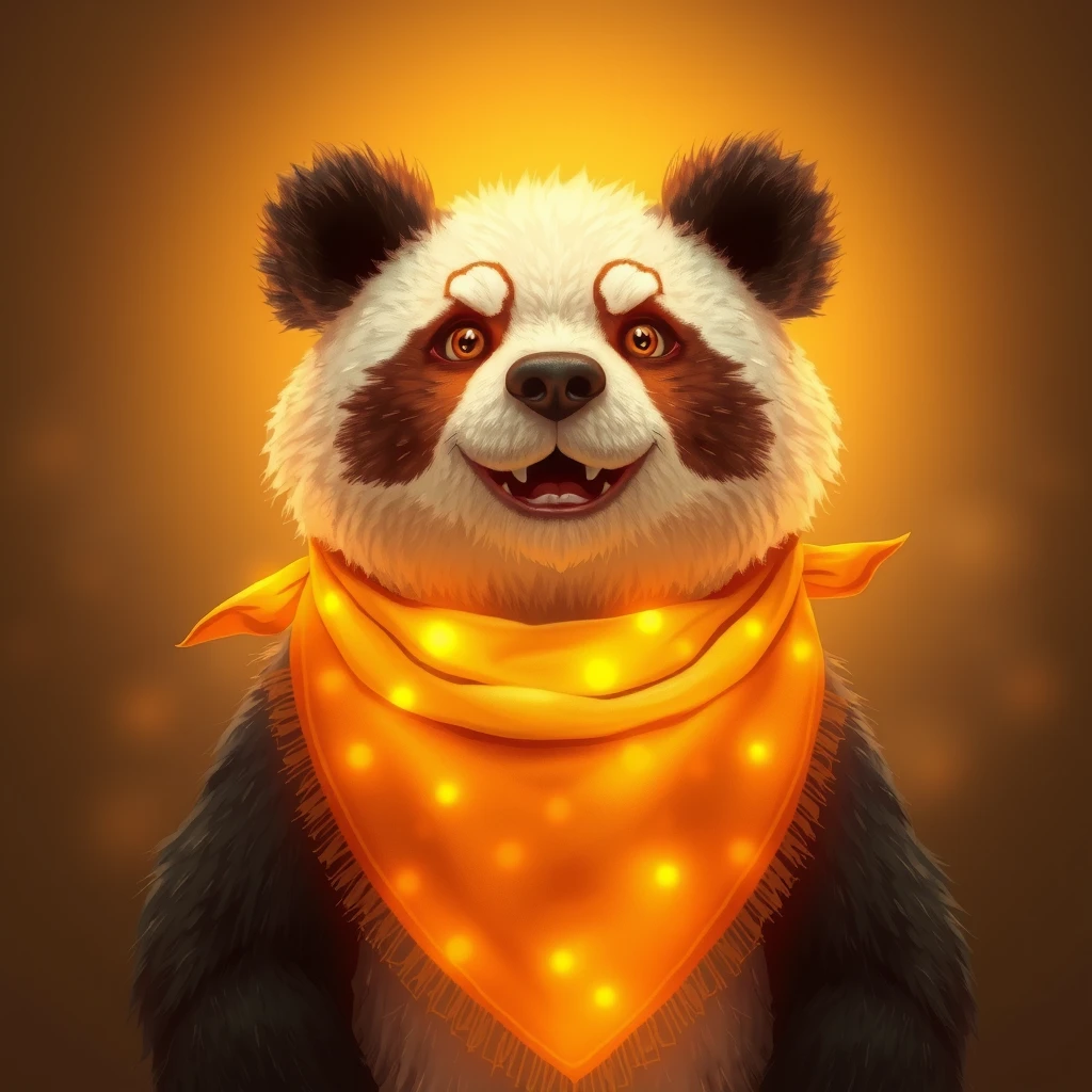 A big crunchy soy panda bear with a bandana made of radiant fiery light. - Image