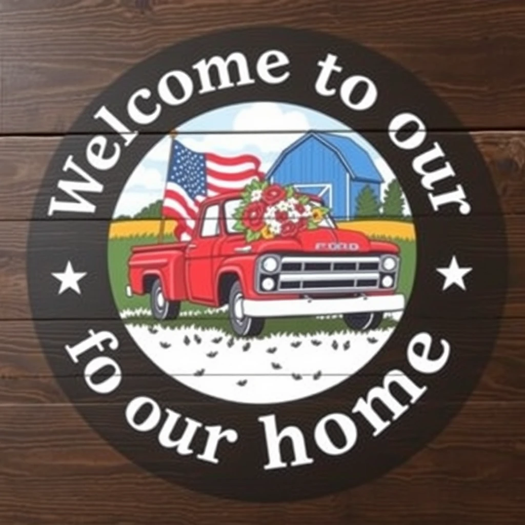 A circular emblem with an American flag, red truck, and blue barn in the background. The words "Welcome to our home" are written around it. There is also a bouquet of flowers on top of that old retro style Ford F250 truck. It has white letters on a dark wood texture. This design would be suitable for a family or country themed sign or decor in the style of a retro design. - Image