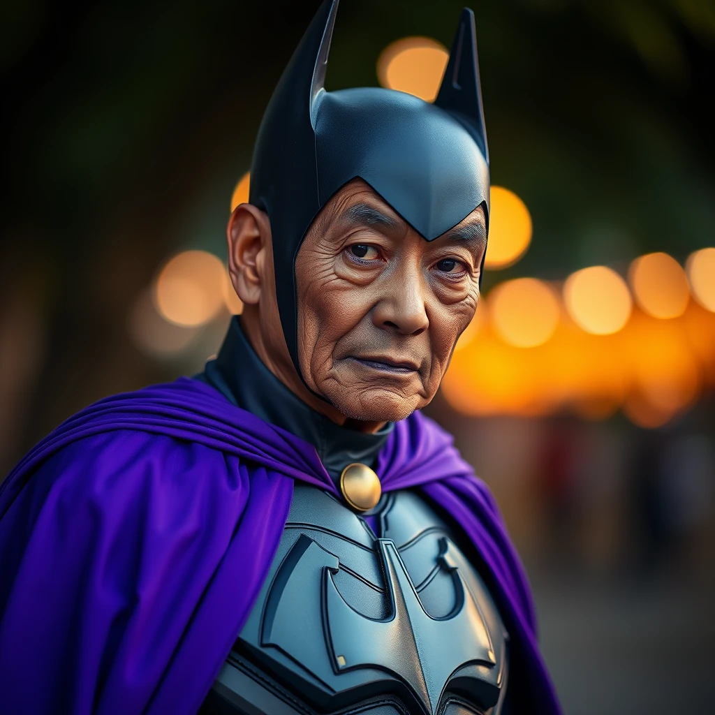 A Malay old man, wearing a purple Batman suit, intricate detail, bokeh, golden hour. - Image