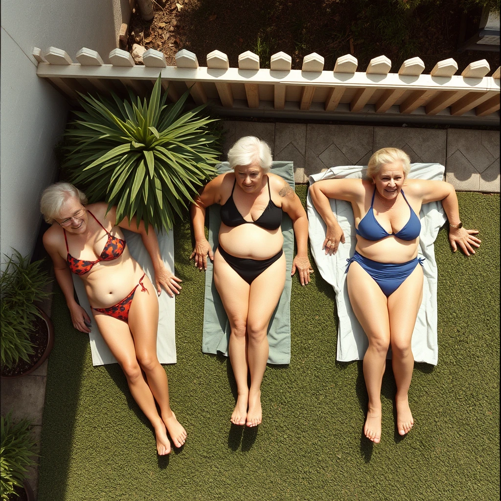 Three old women tanning in bikinis in the backyard, the view is from above.