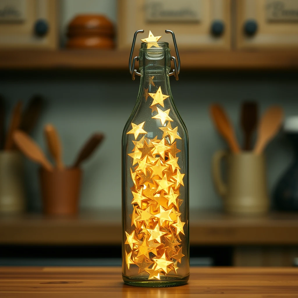 A glass bottle filled with stars in the kitchen.