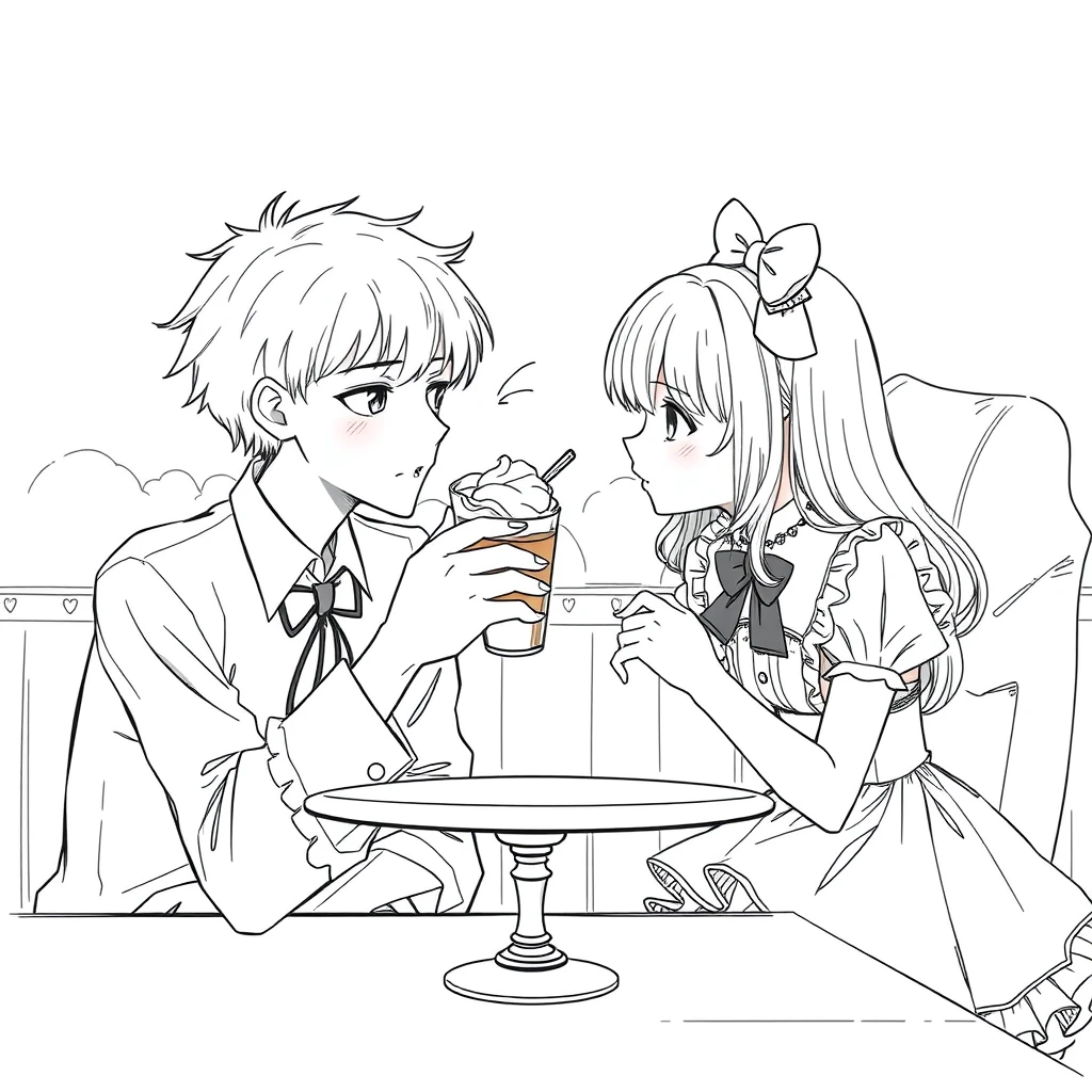 The boy was sitting and feeding his girlfriend a cup of ice cream, and the girl was wearing a Lolita dress, resting her cheeks on her hands on the table. The boy is tall and handsome. Anime lineart.