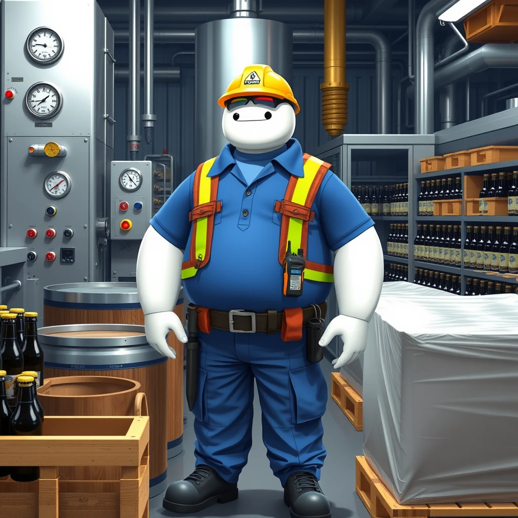 Baymax works in the quality control and inspection area of a beer bottling plant surrounded by machinery, a barrel, gauges, measuring instruments, pallets, beer bottles, wearing a blue polo uniform that covers his entire torso, safety elements, a reflective vest, safety footwear, a walkie-talkie, industrial safety goggles, blue cargo pants, and a yellow helmet that has the word POPON written on it. The clothing has the word POPON written on it.