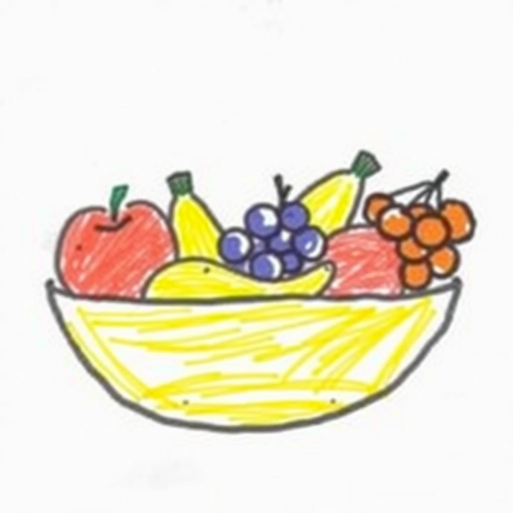 A simple child-like drawing of a bowl filled with fruit, set against a white background. The illustration features thick, crayon-like lines and minimal colors to mimic a drawing created by a child. The bowl contains a variety of recognizable fruits like apples, bananas, and grapes. The style is playful and simplistic, capturing the essence of a child's drawing with a focus on simplicity and a limited color palette. - Image