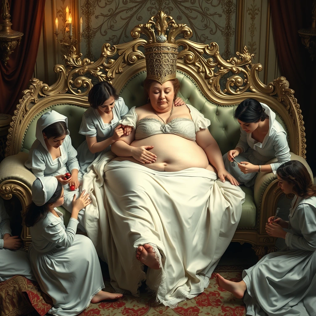 The beautiful, plump queen lies on a luxurious and exquisite chaise longue. Some of the palace maids are massaging her big belly, some are feeding her fruit, some are doing her nails, and some are giving her foot massages. - Image