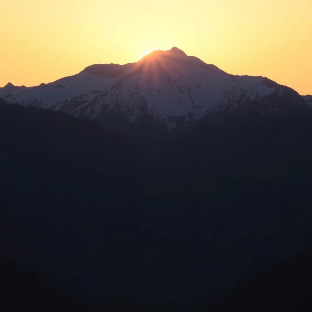 A sun back with a snow mountain at sunset.