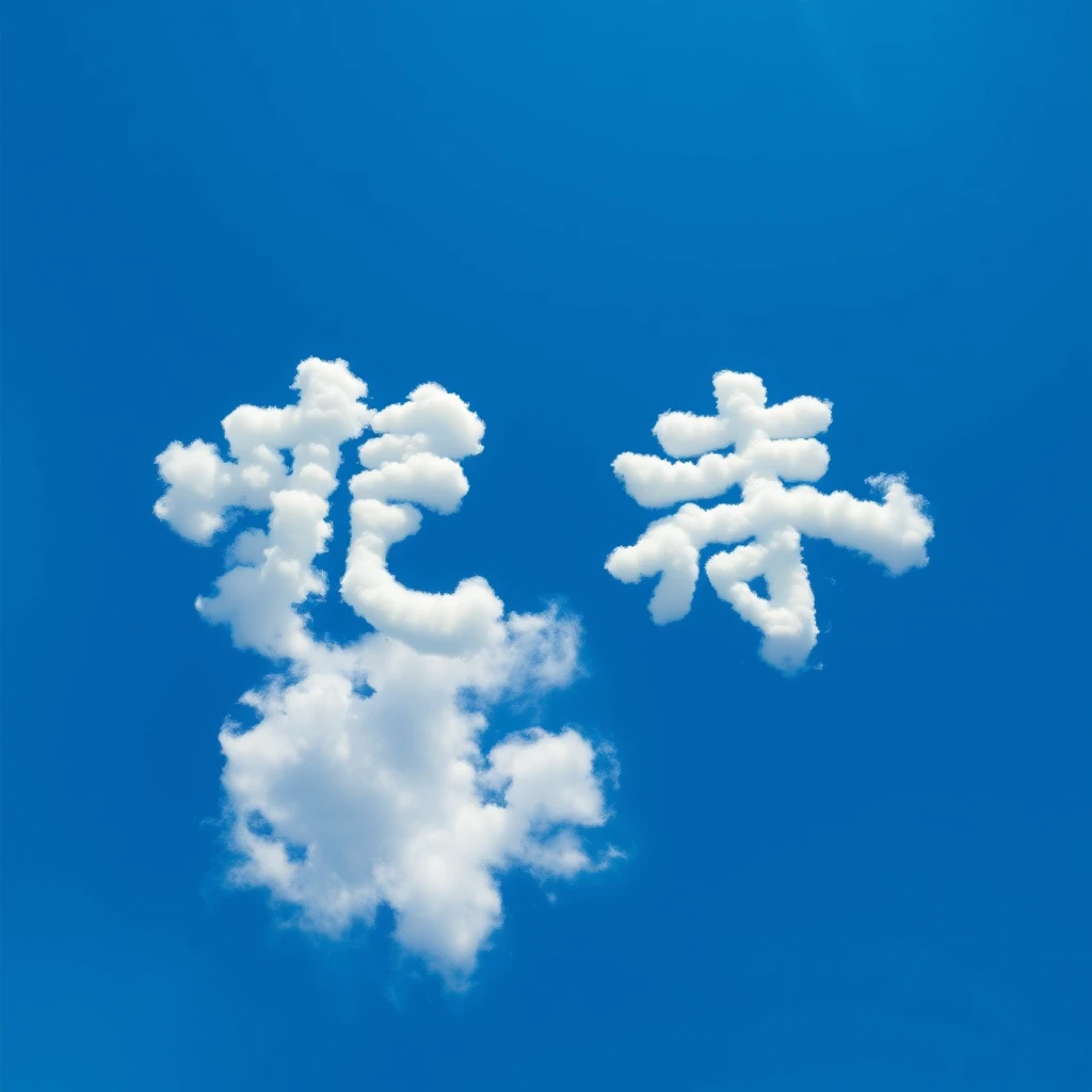 Sky: A vibrant, clear blue sky, stretching endlessly in all directions. The blue is a deep, rich hue, suggesting a beautiful, sunny day. 
Clouds: Fluffy, white clouds, resembling cotton candy, form the four Chinese characters "四川大学" (Sichuan University). Each character is distinct and clearly formed by the clouds, as if meticulously sculpted by an unseen hand. The clouds have a soft, ethereal quality, contrasting beautifully with the sharp blue of the sky. 
Perspective: The view is from a perspective looking directly up at the sky, as if lying on the ground and gazing upwards. This perspective emphasizes the vastness of the sky and the grandeur of the cloud formations. 
Lighting: The sun shines brightly, illuminating the clouds from above, giving them a luminous glow and casting subtle shadows that add depth and dimension. 
Details: Pay attention to the realistic depiction of the clouds, capturing their fluffy texture and the way they subtly shift and change shape in the sky. Ensure the Chinese characters are accurately formed and easily recognizable. 
Overall Style: Realistic and awe-inspiring, showcasing the beauty and wonder of nature. The scene should evoke a sense of peace, tranquility, and the boundless possibilities of the sky. 
Note: The characters "四川大学" should be written in a traditional Chinese calligraphy style, adding an element of artistry and cultural significance to the scene.