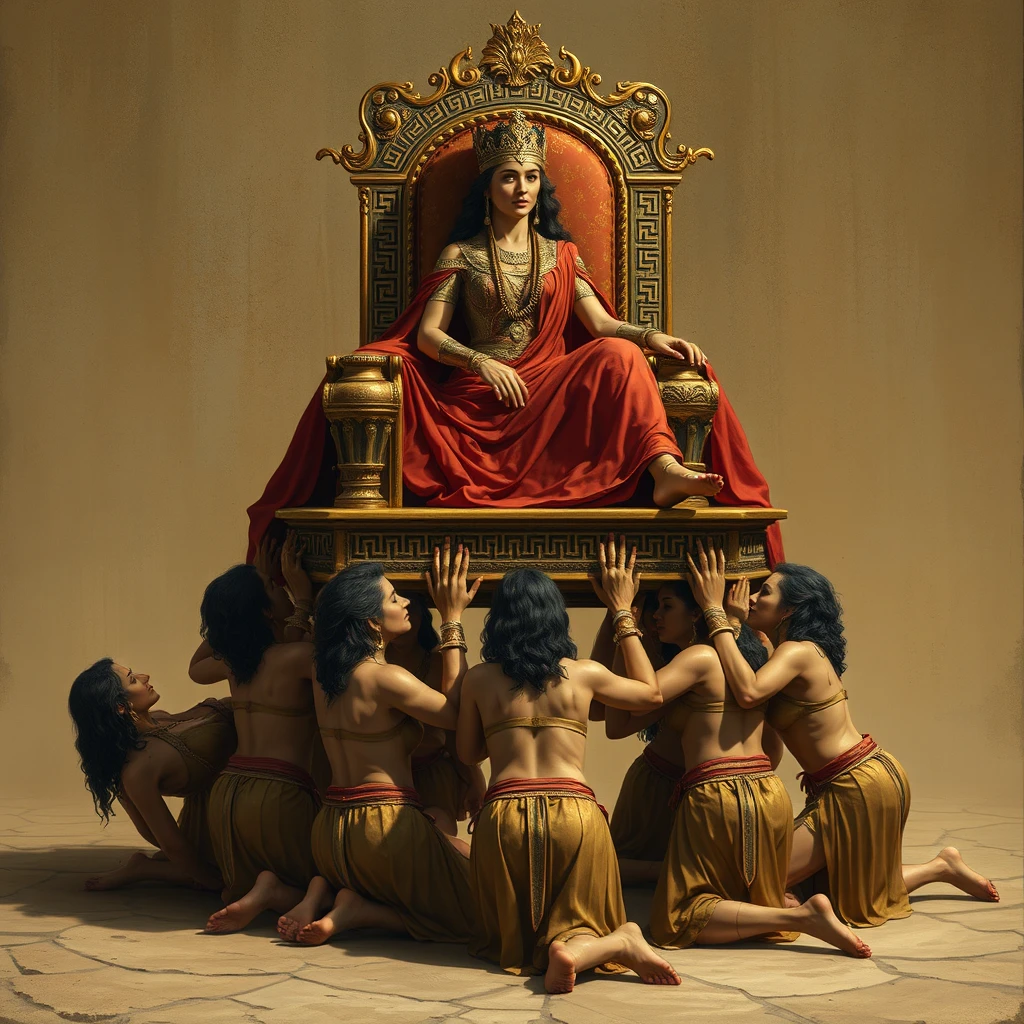 A group of female slaves kneels and crawls, carrying a luxurious throne, while the empress sits on top resting. - Image