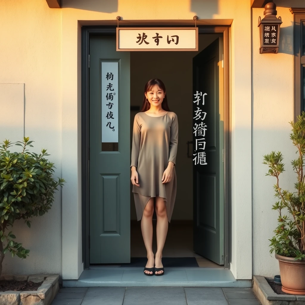 During the day, a beautiful woman stands at the doorway of a house. She is not smiling, and there are Chinese characters or Japanese. You can see her full body, including her legs. Note, she cannot smile.