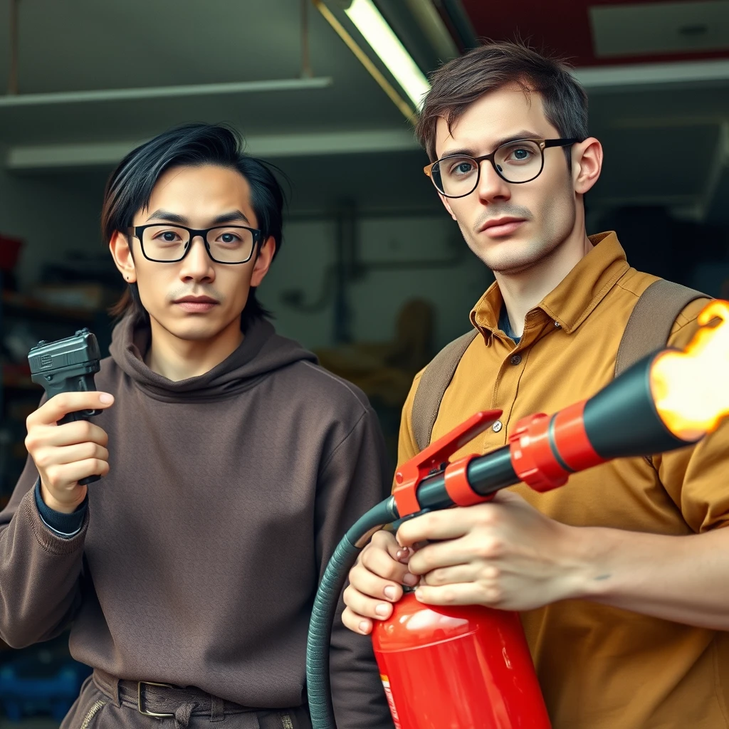 21-year-old white thin long-faced northern Chinese man with a square chin, wearing square glasses, holding a pistol, "medium/long length hair"; 21-year-old Caucasian Italian man wearing round glasses and short hair holding a very large fire extinguisher flamethrower; garage setting; both angry. - Image