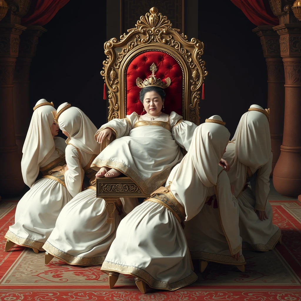 A group of palace maids crawled forward, carrying a luxurious throne on their backs, with the plump empress resting on top. - Image