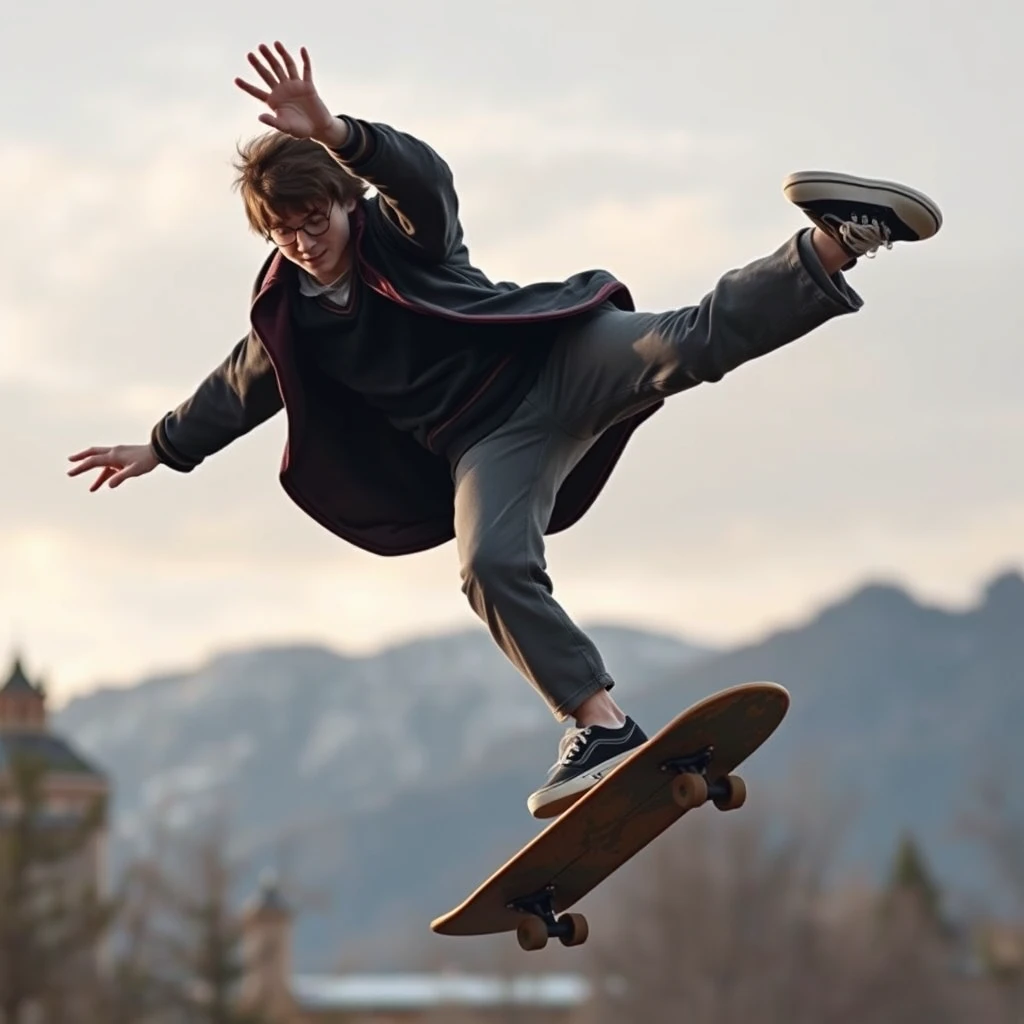 Photo realistic: Harry Potter doing a backflip on a skateboard. - Image