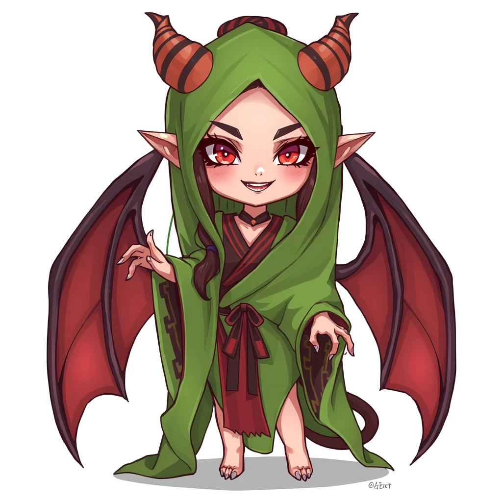 "A seductive Eastern female demon, draped in green gauze, with a strange smile, in a 2D, chibi style, full body image." - Image