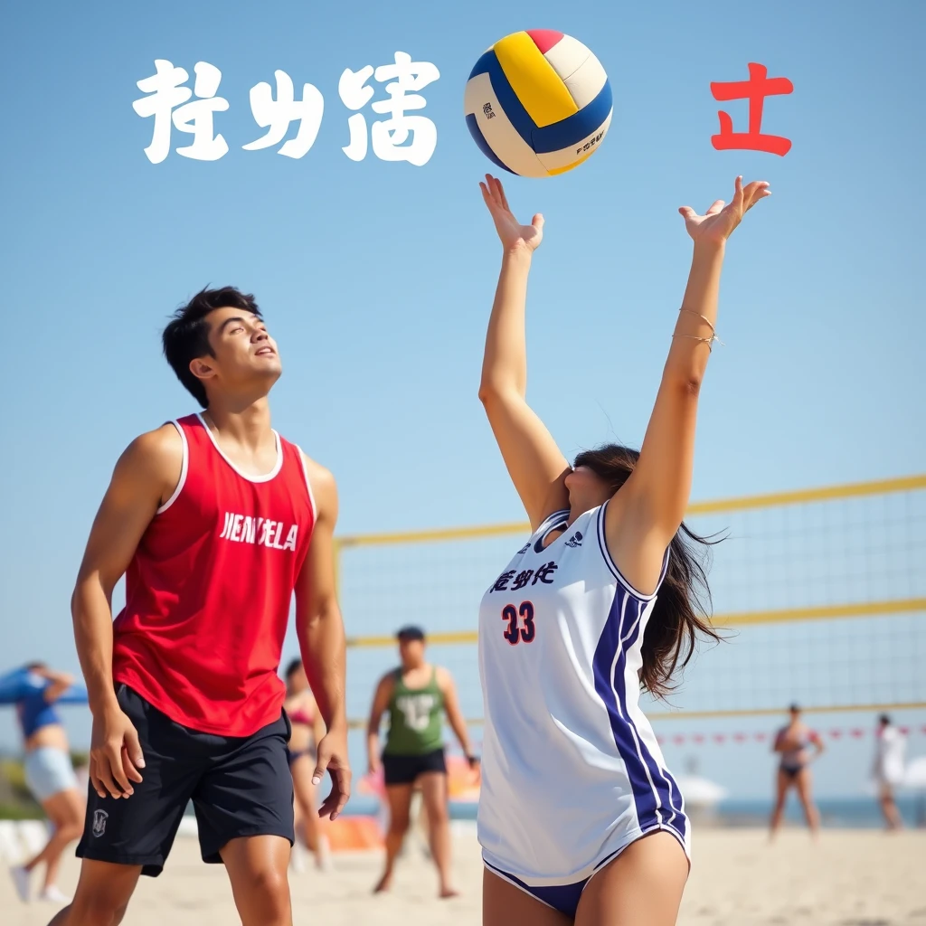 "Men and women are playing beach volleyball, with Chinese characters or Japanese or Korean." - Image