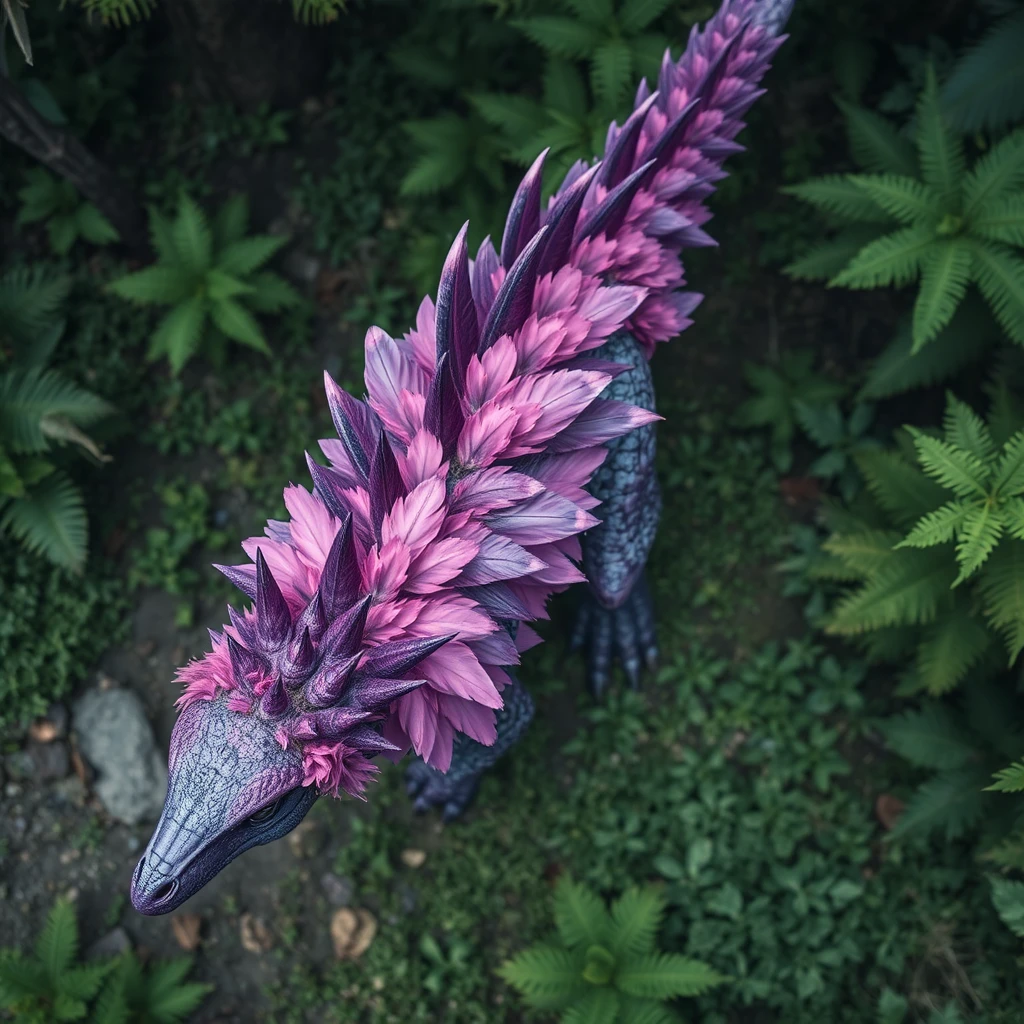 An overhead aerial view of a realistic purple spiked dinosaur covered with a frill of pink feathers roaming a lush forest.