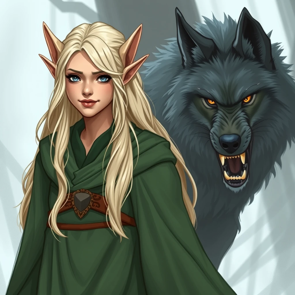 full body. a female elf. platinum blonde hair. happy but tired expression on her face. wearing long green robes. tall and regal. she is turning into a werewolf.