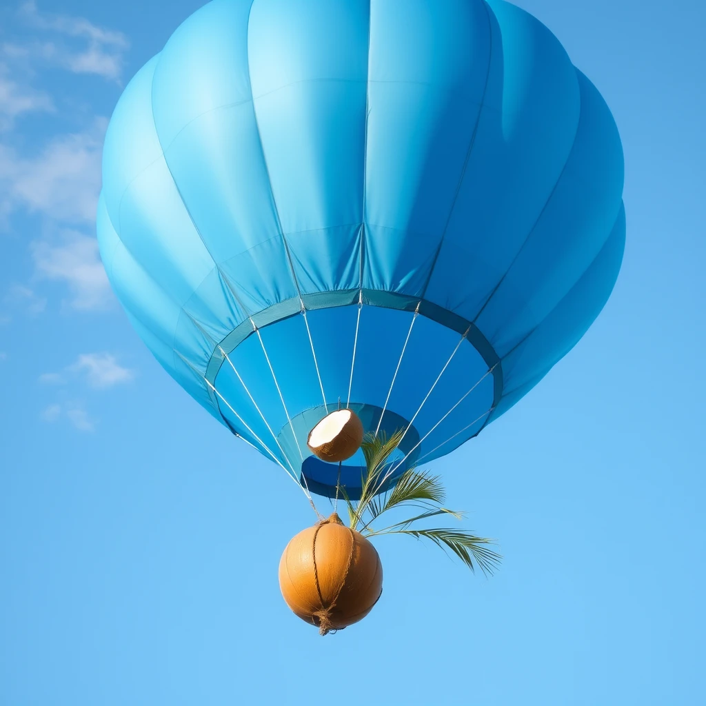 Blue hot air balloon. It flies into the sky, hanging from a short rope a half coconut and a small coconut palm. - Image