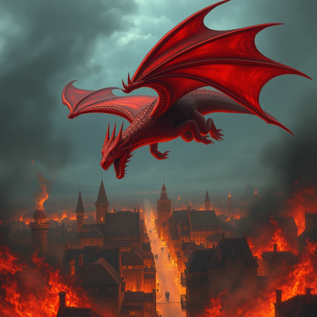 Large red dragon flying over a medieval city in flames. - Image