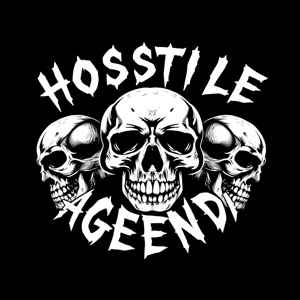 A logo for a hardcore punk band from the 1980s. The band name is HOSTILE AGENDA. It should be very detailed, but simple. White text on a black background. Skulls should be included. It should look dirty and vintage. - Image