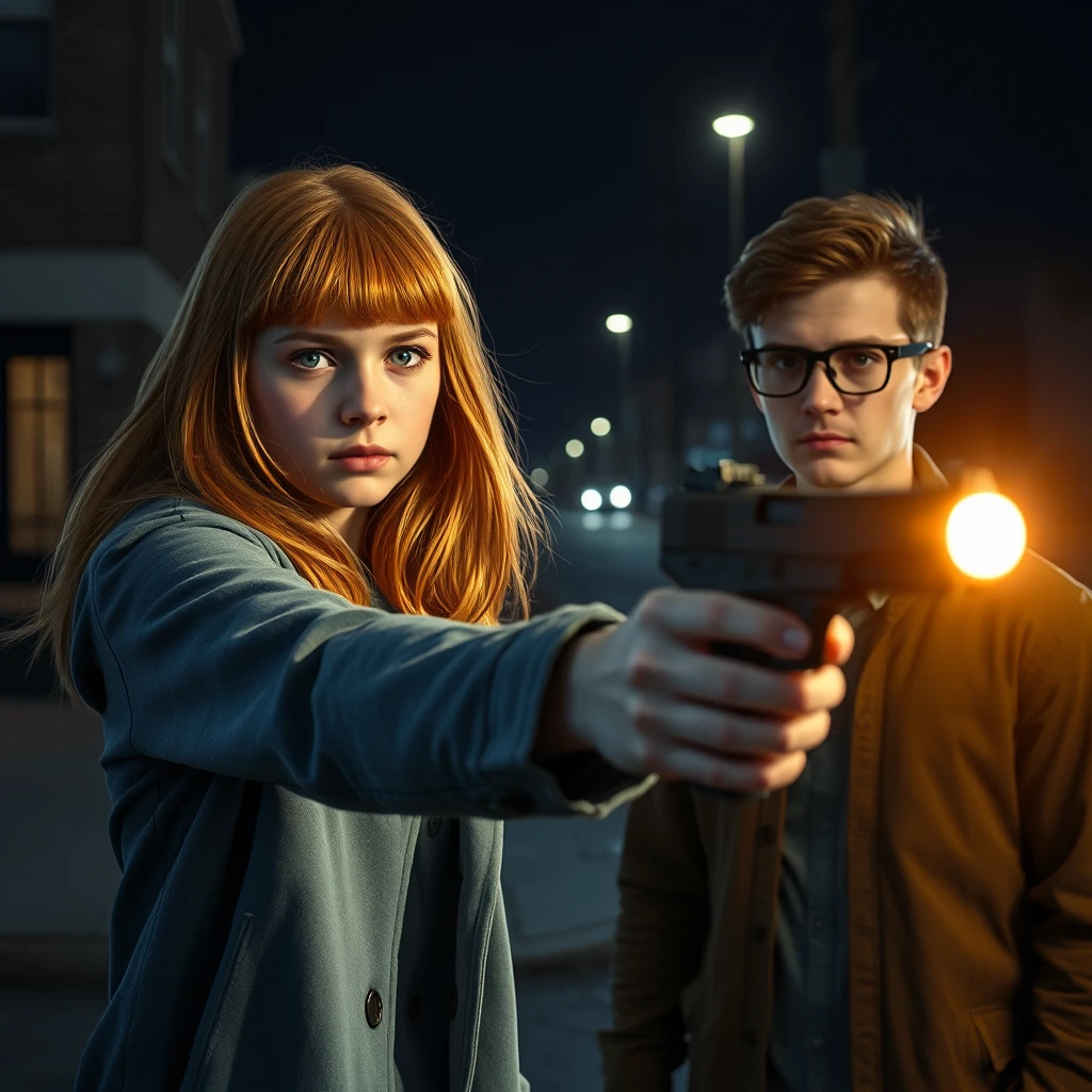 A murder scene; a short, skinny teenage girl with long ginger hair and bangs, green eyes, shooting and killing a young, skinny, tall Italian white man who wears glasses.