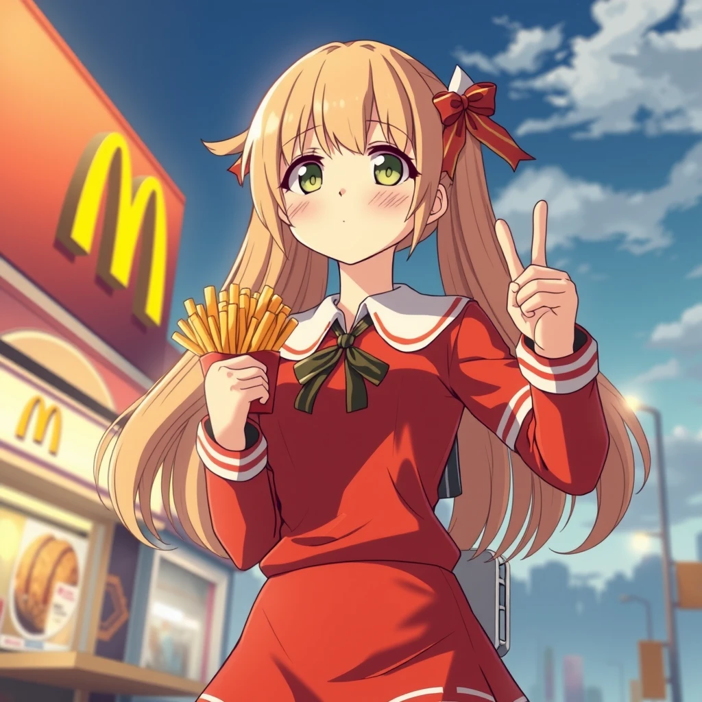 giant anime girl wearing McDonald's outfit, advertising fries