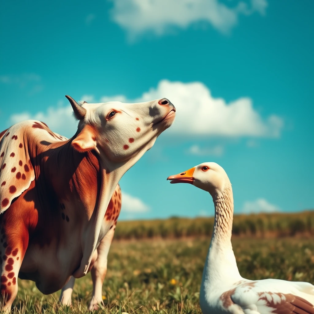 A cow with a horn pointing to the sky is bowing down to kiss a goose. - Image