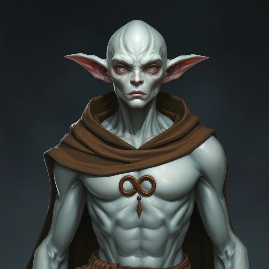 A smooth silvery-skinned changeling with liquidy flesh wearing a brown mantle with an infinity sign insignia on the chest.