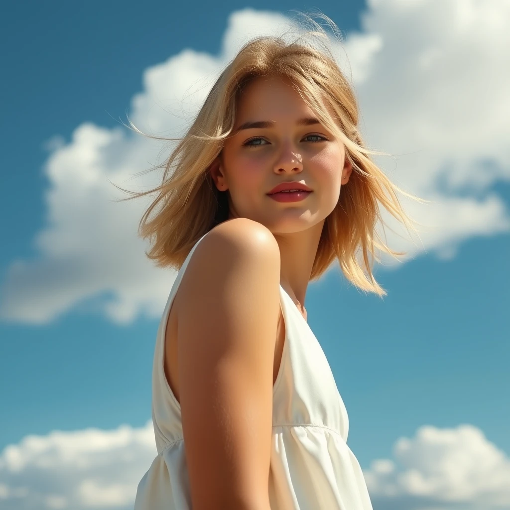 A serene, blissful scene of a young woman in a silky white sundress. The scene feels real and unpolished, informal. The subject has natural beauty, authentic imperfections; counter to the plastic surgery so often seen. A few strands of light blonde frame the sides of her eyes. The fluffy clouds decorate the clear blue sky. The breeze teases the hem of her skirt. She blushes with the sensitivity of life. - Image